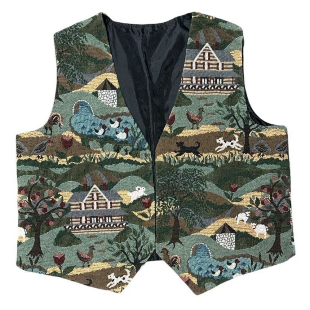 Vintage 90s Handmade Tapestry Vest XL Open Front Farm Country Cottagecore Scenic